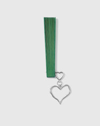 Green all-bamboo folding hand fan with silver open-heart charm