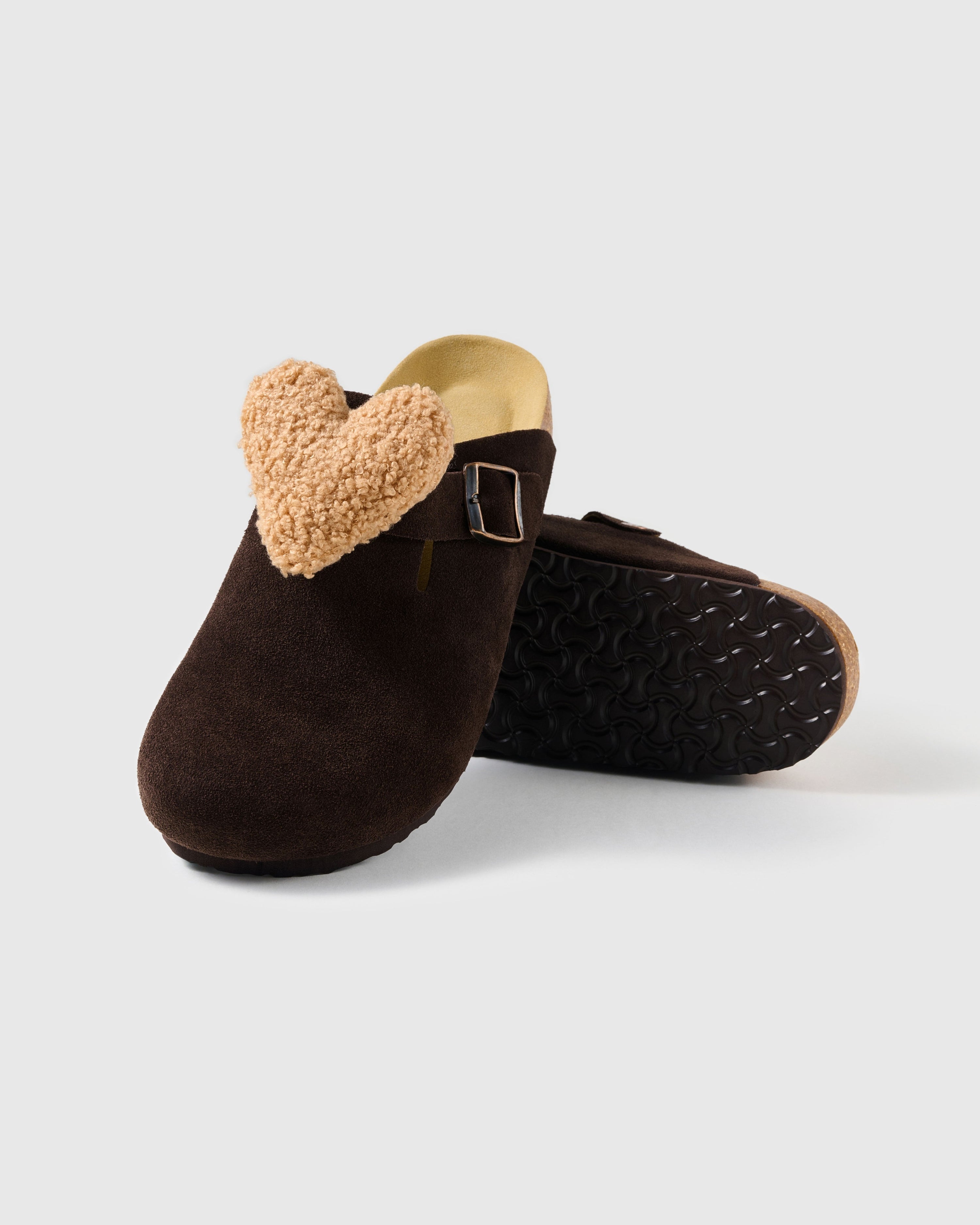 STICKYZOO chocolate-brown suede clogs with a light tan plush heart, closed toe, and adjustable buckle strap