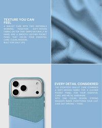 5,000+ Reviews — Sky Blue wallet phone case with soft-woven fabric and smooth vegan leather material details