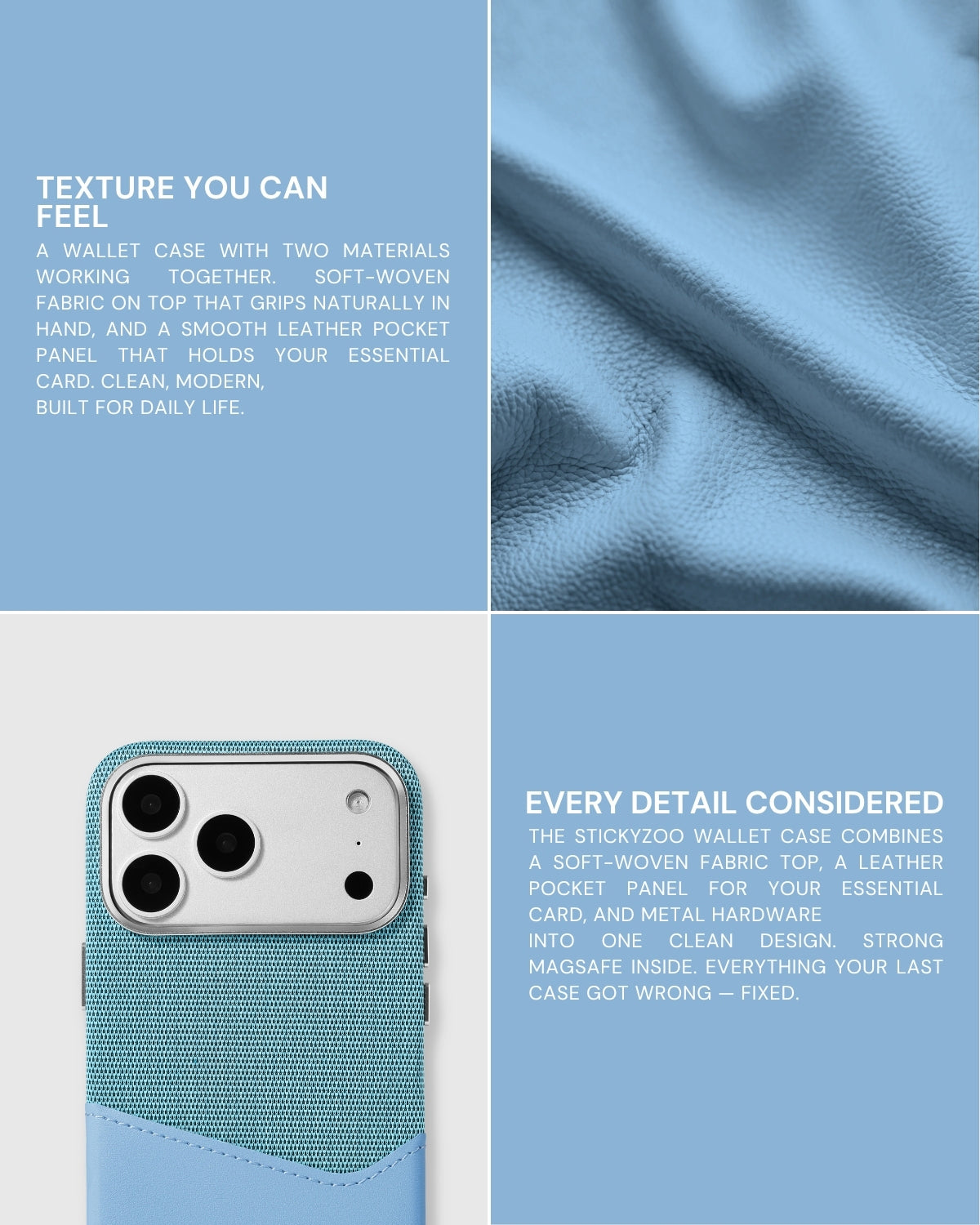 5,000+ Reviews — Sky Blue wallet phone case with soft-woven fabric and smooth vegan leather material details