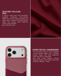 5,000+ Reviews — Red wallet phone case with soft-woven fabric and smooth vegan leather material details