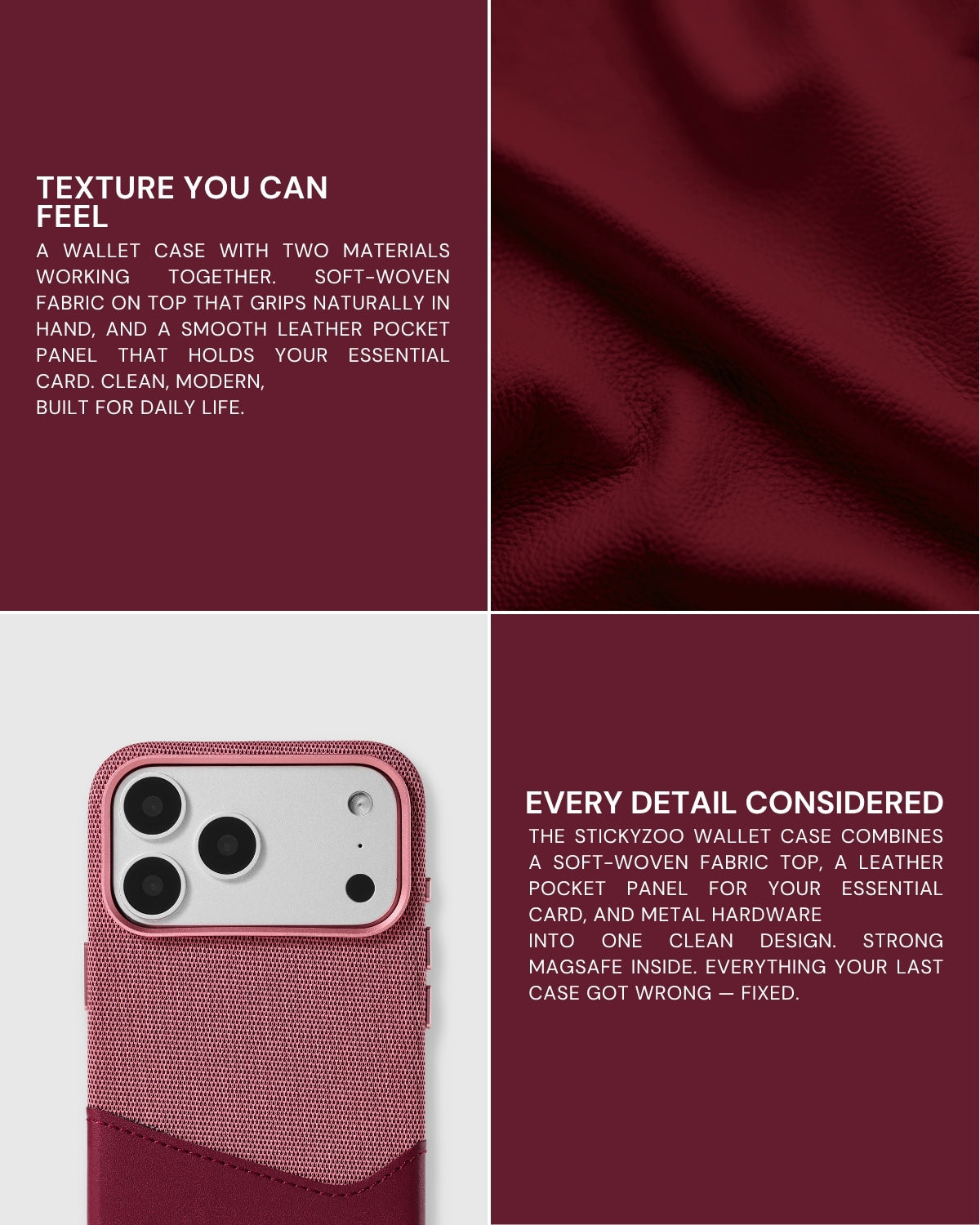 5,000+ Reviews — Red wallet phone case with soft-woven fabric and smooth vegan leather material details
