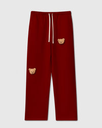 STICKYZOO Sticky Bear Sweatpant in red with two hand-stitched 3D plush teddy bear face appliques