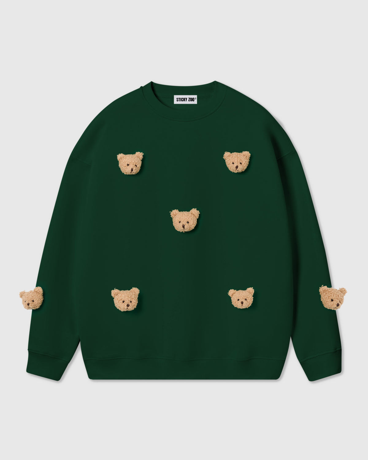 STICKYZOO Sticky Bear Sweatshirt in green with six hand-stitched plush teddy bear faces