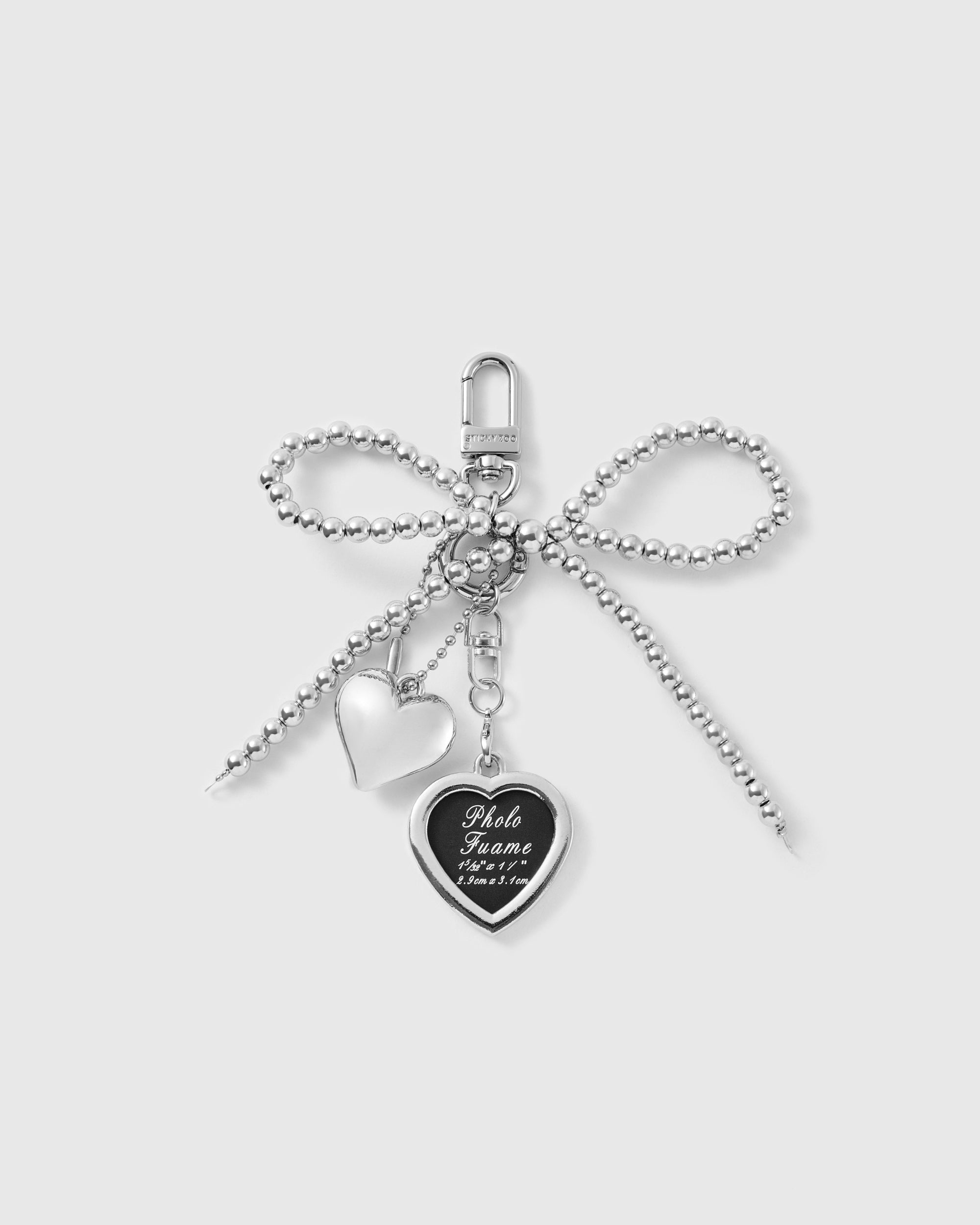 STICKYZOO Colette Silver Sweetheart Stack Charm with separate beaded bow, smooth heart compact and heart photo frame on one clasp.