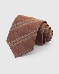 STICKYZOO Rosewood Textured Stripe Tie rolled on white, showing a textured rosewood ground crossed by broken cream diagonal bands across the front blade.