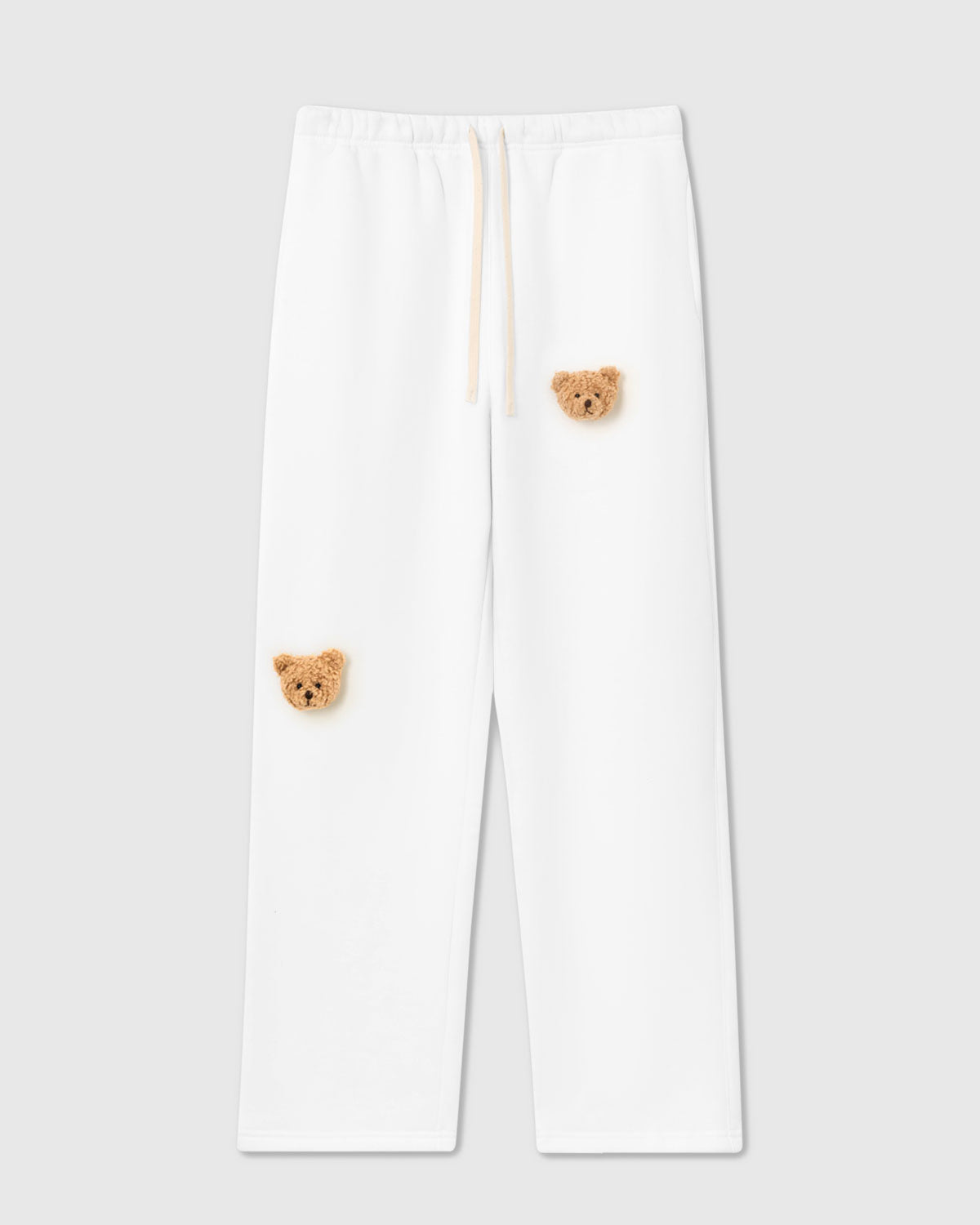 STICKYZOO Sticky Bear Sweatpant in white with two hand-stitched plush bear face appliques