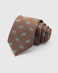 STICKYZOO Chestnut Horse Tie rolled on white, showing mixed horse illustrations across 100% mulberry silk in chestnut brown
