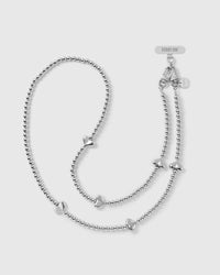 STICKYZOO silver-tone cross-body phone strap with a polished ball-bead chain, puffy hearts, dual clasps and an engraved tab.