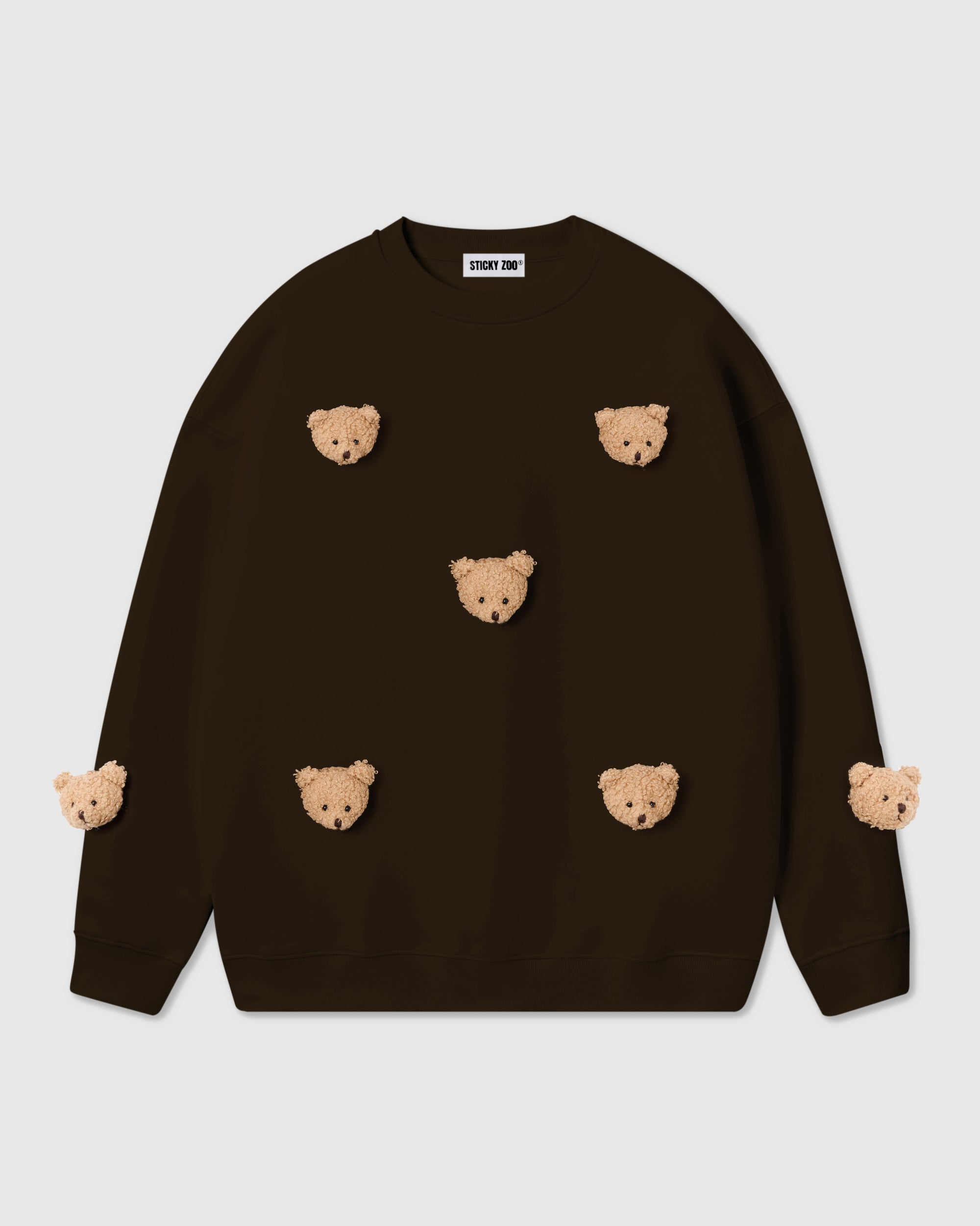 STICKYZOO STICKY BEAR SWEATSHIRT in Brown featuring 7 hand-stitched plush bears, designed in Amsterdam