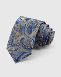 STICKYZOO Cobalt Baroque Tie rolled on white, showing ornate baroque paisley scrollwork across 100% mulberry silk in cobalt blue