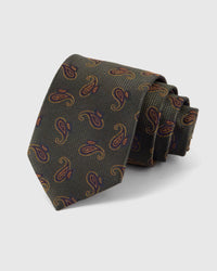 STICKYZOO Hunter Amber Paisley Tie in 100% mulberry silk, with amber and claret paisleys resting on hunter silk