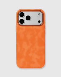 STICKYZOO orange Heritage Leather Case with a bright orange textured vegan leather surface and raised metal camera edge