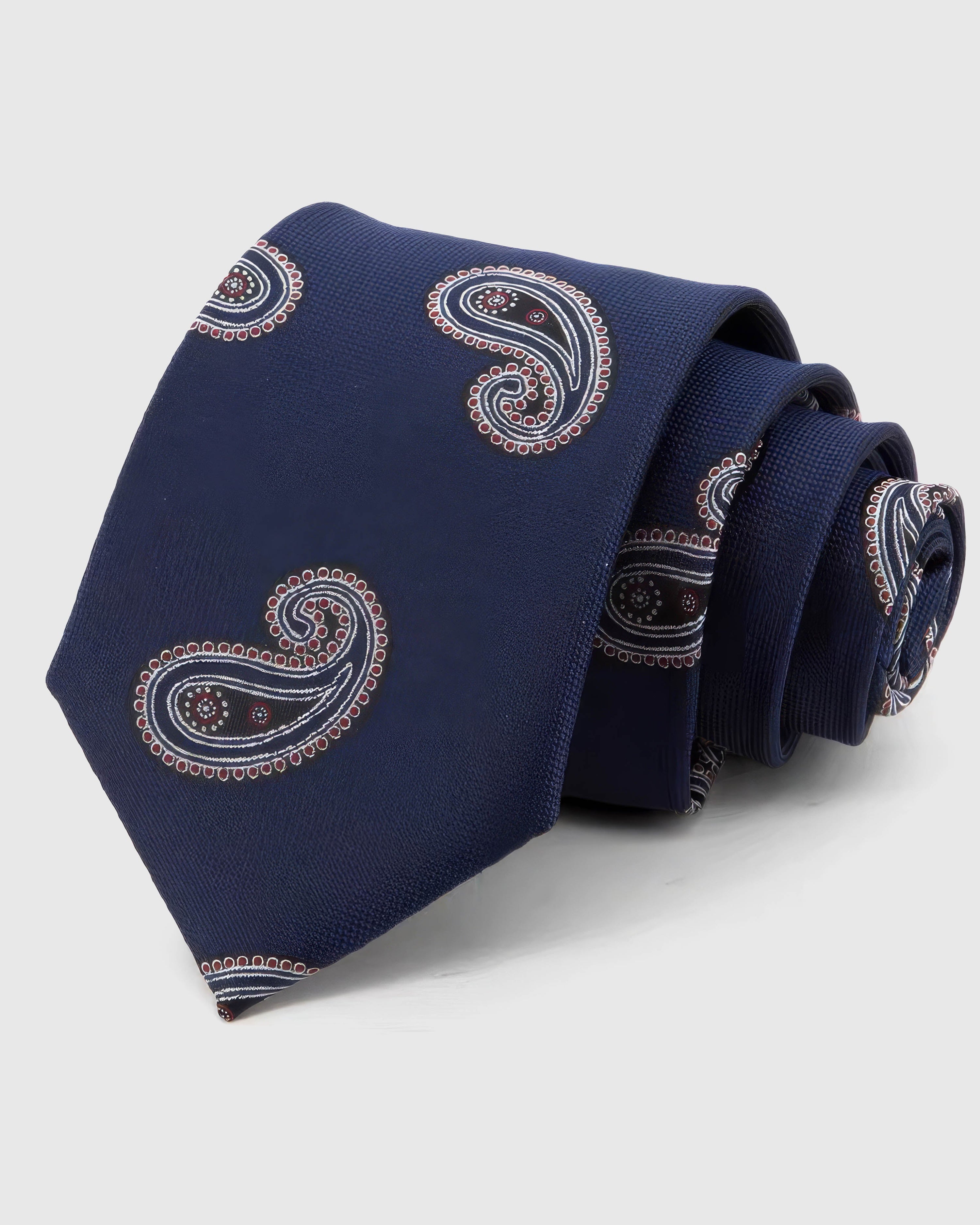 STICKYZOO Navy Oxblood Paisley Tie in 100% mulberry silk, with ivory-outlined oxblood paisleys spaced over navy silk