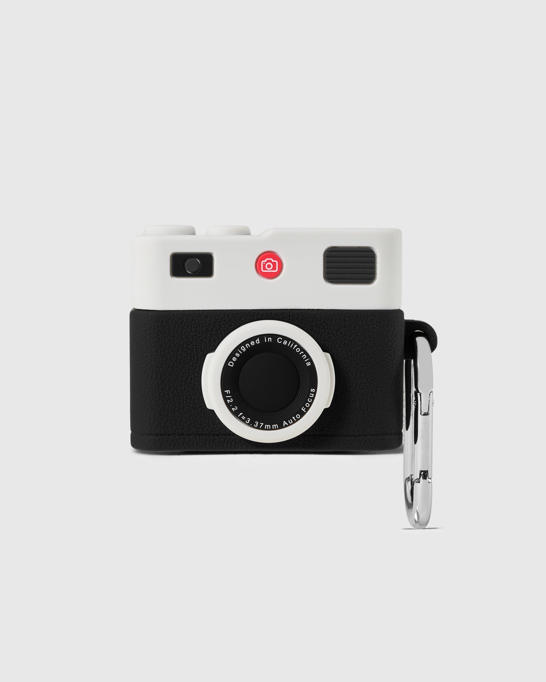 Black STICKYZOO Camera AirPods Case with white top and silver-tone clip