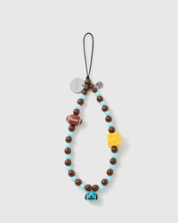 STICKYZOO Game Day phone strap with cocoa-brown beads, blue spacers, a football, yellow cheese bead, blue puppy bell and black loop.