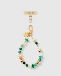 Handmade emerald green mixed bead phone strap by STICKYZOO with 18K gold-plated engraved hardware
