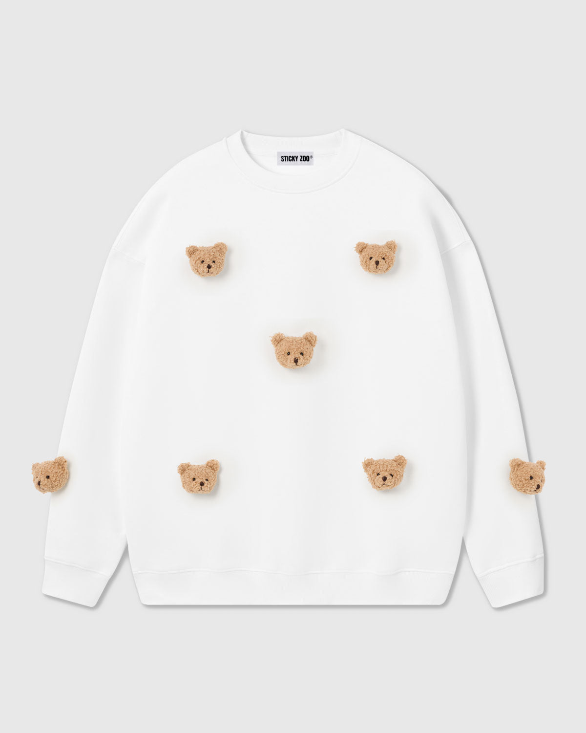 STICKYZOO Sticky Bear Sweatshirt in white with plush bear detail on oversized cotton body