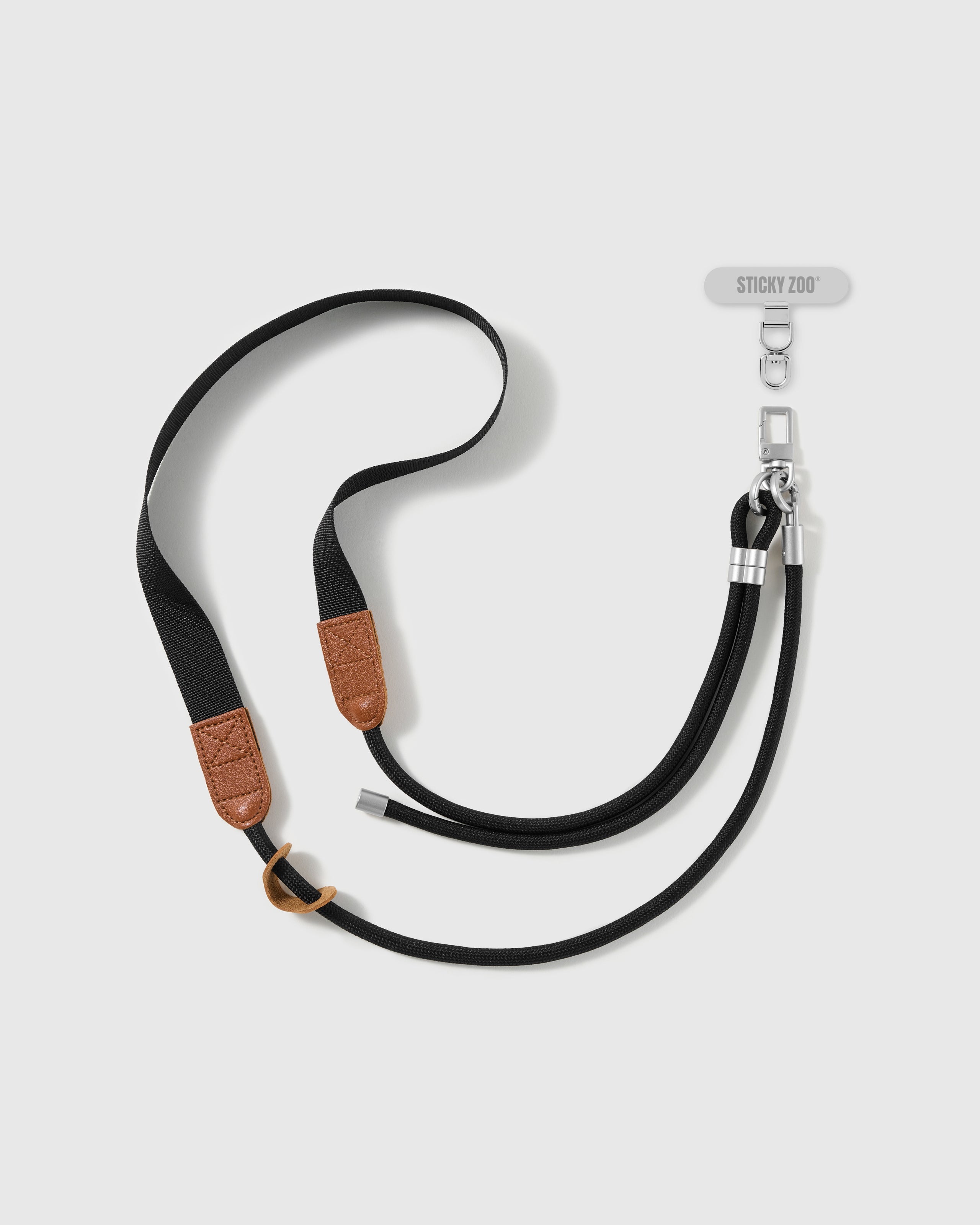 ONYX WEBBING adjustable cross-body phone strap in black cord and woven webbing with silver-tone STICKYZOO hardware
