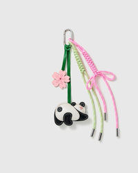 STICKYZOO Panda Blossom Bow Stack Charm with pink and green cords and a stitched panda character