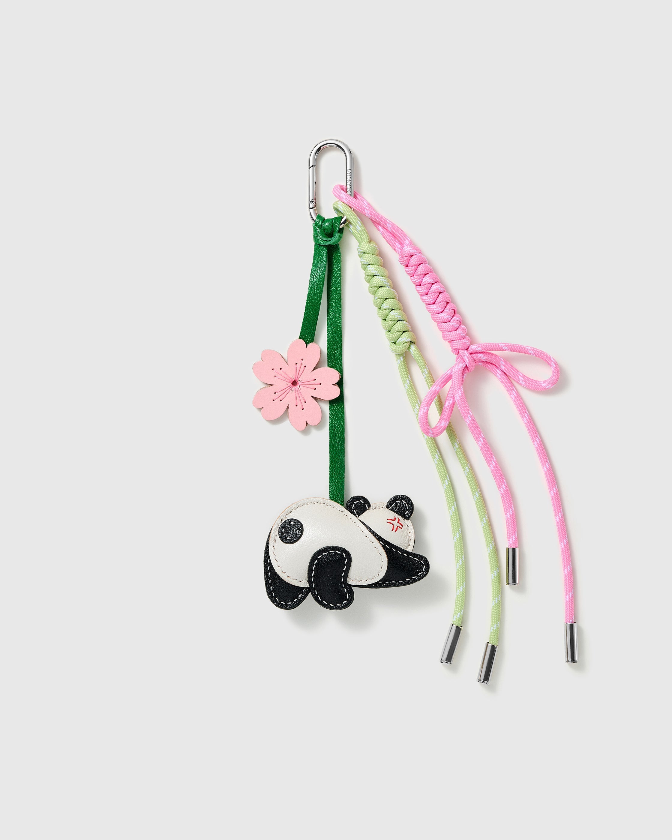 STICKYZOO Panda Blossom Bow Stack Charm with pink and green cords and a stitched panda character