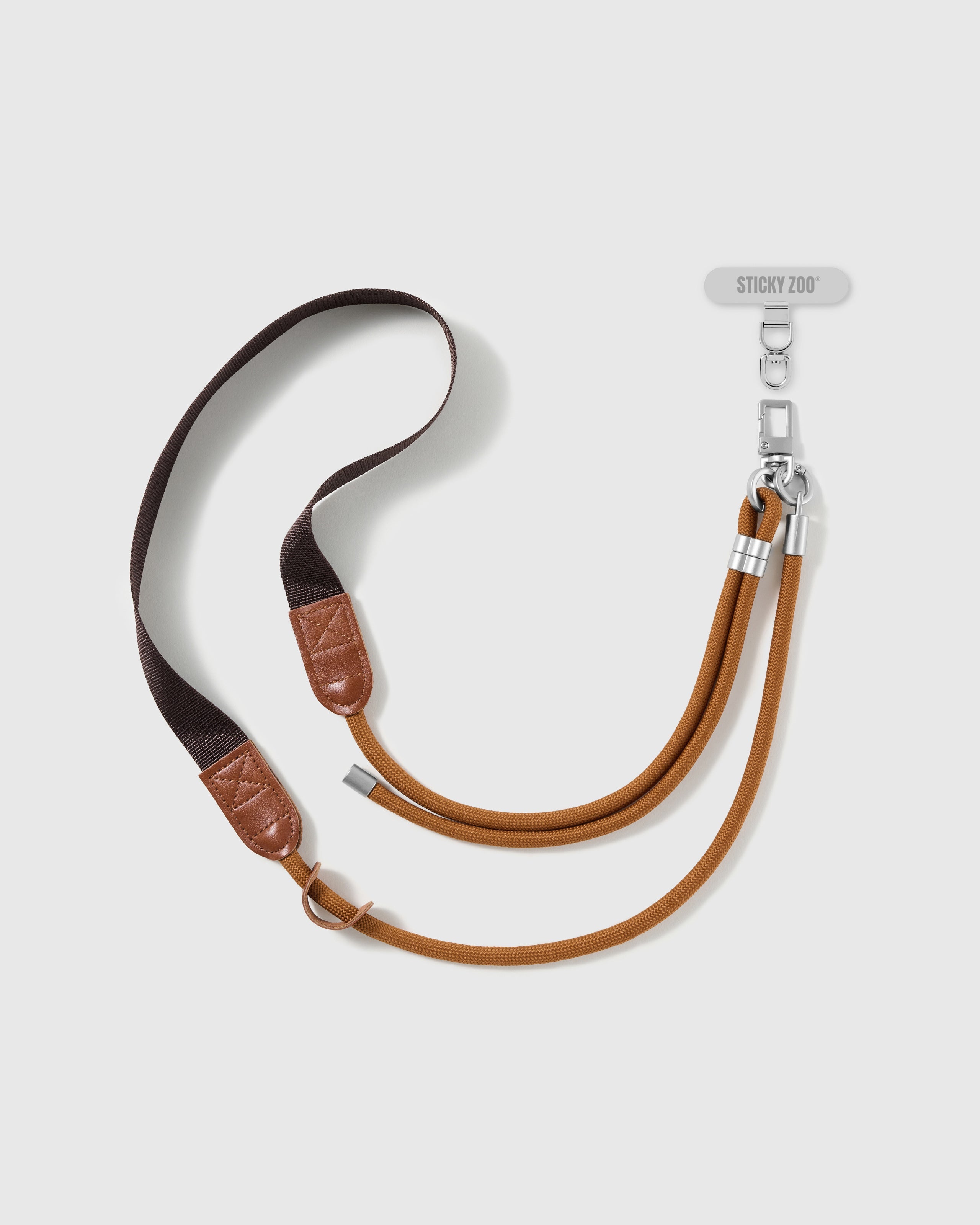 AMBER WEBBING adjustable cross-body phone strap with amber cord, espresso webbing and silver-tone STICKYZOO hardware