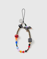 STICKYZOO Dachshund Star phone strap with a black-and-tan dog, football, gingham cube, multicolor beads, stars and black cord loop.