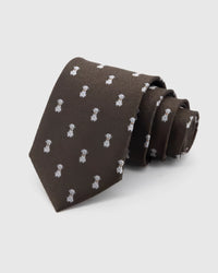 STICKYZOO Espresso Tiger Cub Tie in espresso brown silk, rolled to show espresso ground with ivory tiger cubs and amber accents across the blade.