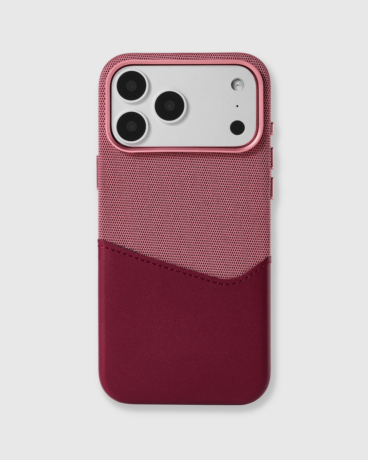 STICKYZOO Red wallet phone case with a soft-woven fabric top and built-in vegan leather card pocket