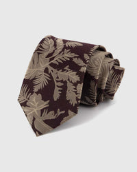 STICKYZOO Espresso Tropical Leaf Tie in 100% mulberry silk, with large ivory and taupe tropical leaves across dark espresso silk