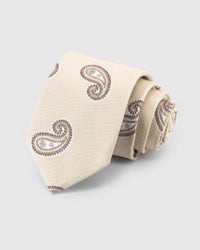 STICKYZOO Ivory Taupe Paisley Tie rolled on white, showing an ivory ground with widely spaced taupe and brown paisley forms across the front blade.