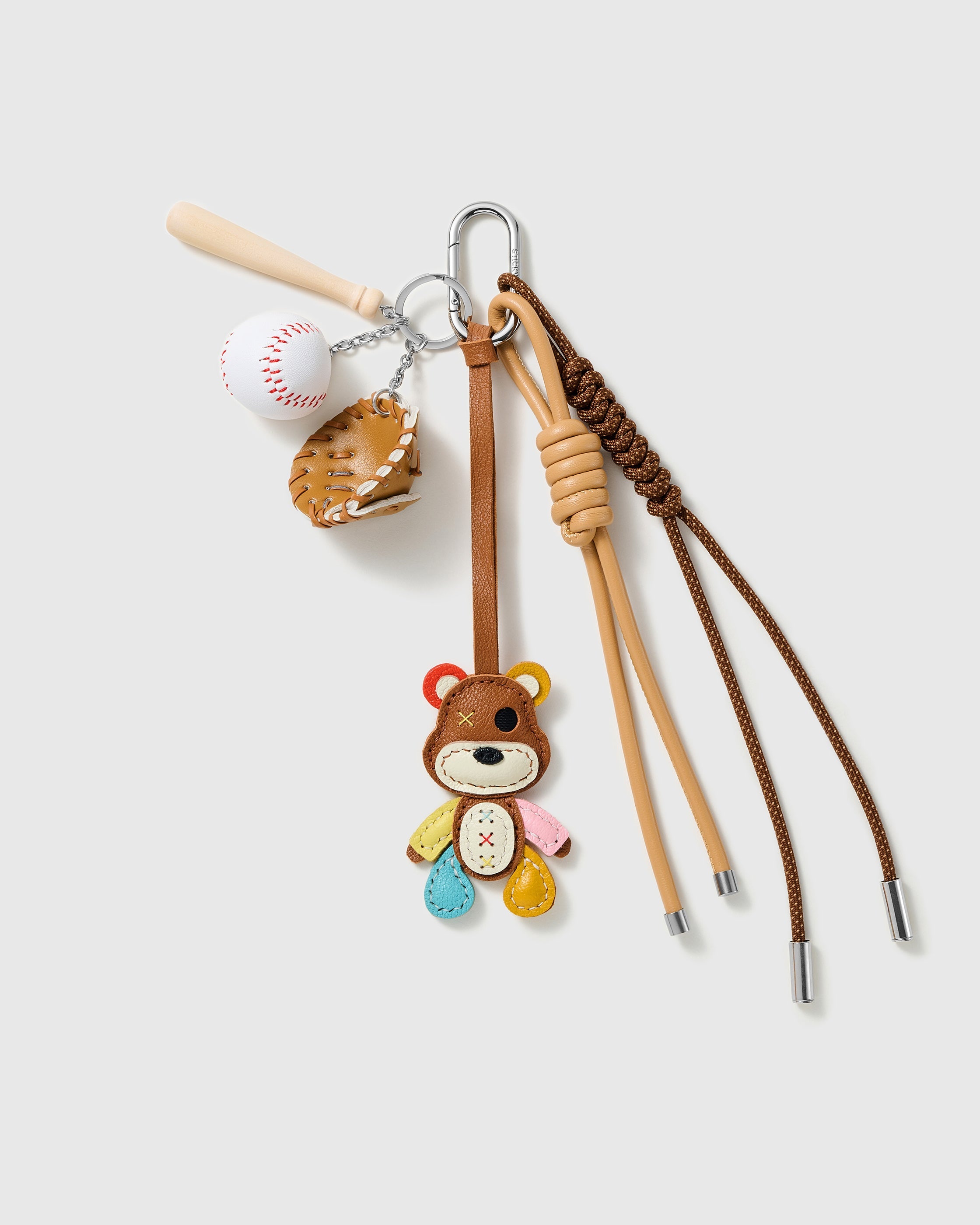 STICKYZOO Patchwork Baseball Teddy Stack Charm with baseball, glove, bat and brown cords