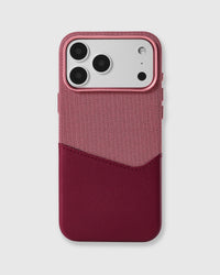 STICKYZOO Red wallet phone case with a soft-woven fabric top and built-in vegan leather card pocket