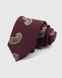 STICKYZOO Burgundy Gilt Paisley Tie in 100% mulberry silk, with large ivory and gilt paisleys spaced across burgundy silk