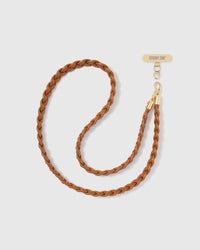COGNAC WOVEN handmade tan braided cross-body phone strap with 18K gold-plated STICKYZOO hardware