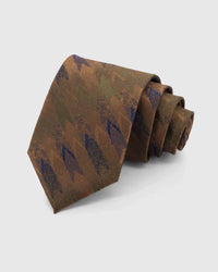 STICKYZOO Amber Brushwork Tie in amber and walnut silk, rolled to show amber and walnut brushwork with navy, olive, rust and tan across the blade.