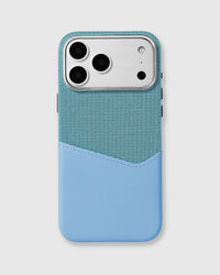 STICKYZOO Sky Blue wallet phone case with a soft-woven fabric top and built-in vegan leather card pocket