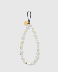 STICKYZOO Gilded Pearl phone strap with mixed baroque faux-pearls, polished gold-tone beads, an engraved disc and black cord loop.