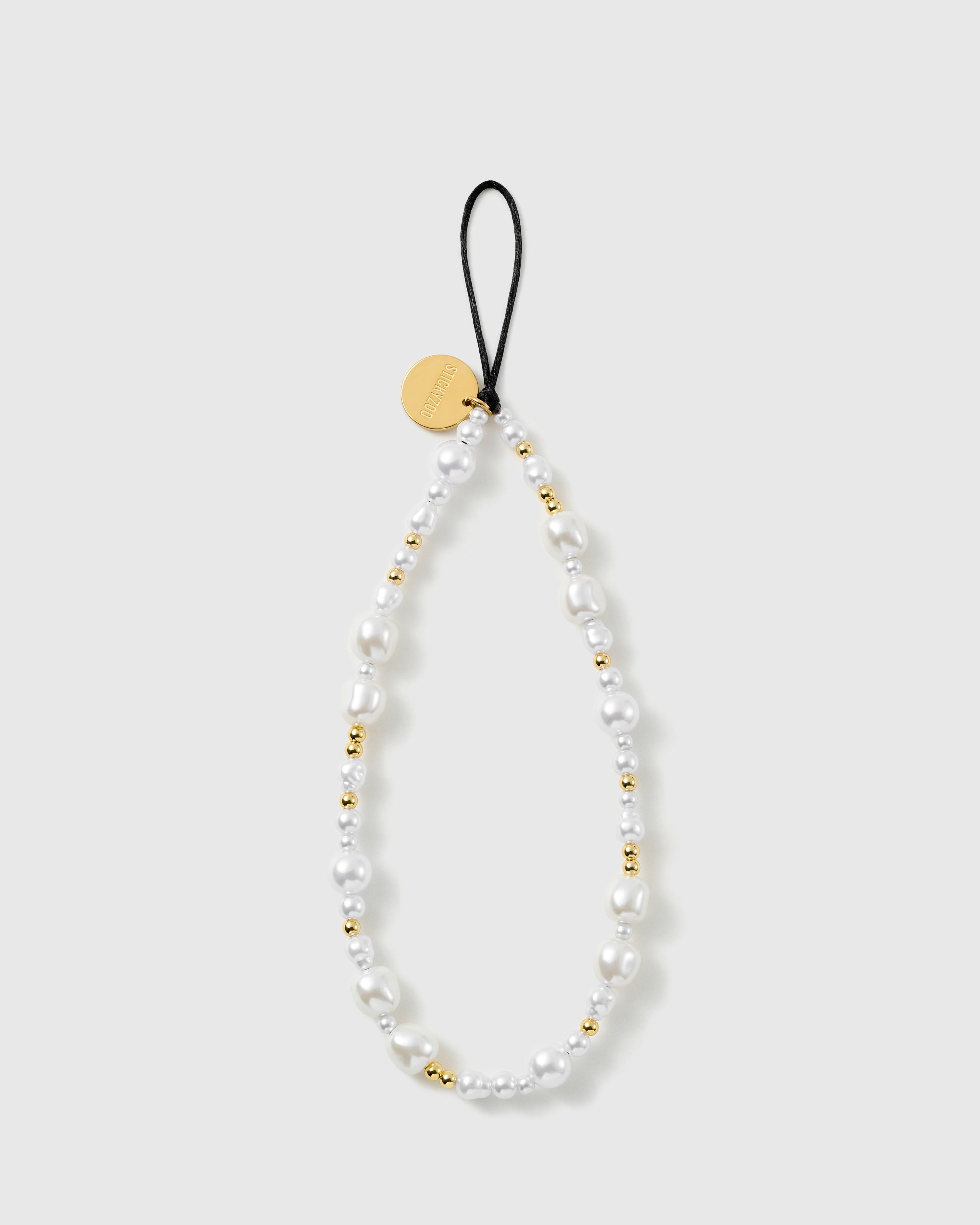 STICKYZOO Gilded Pearl phone strap with mixed baroque faux-pearls, polished gold-tone beads, an engraved disc and black cord loop.