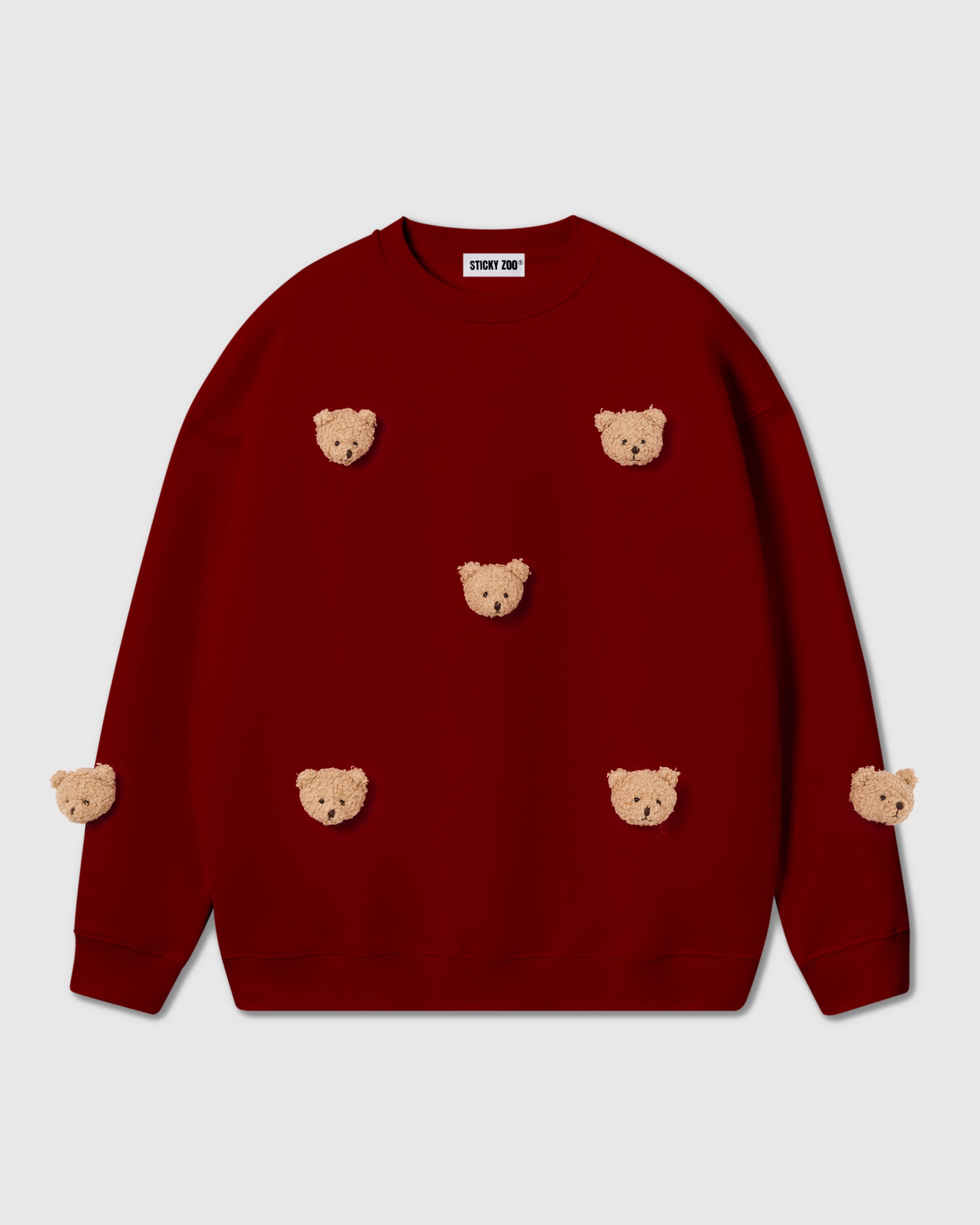 STICKYZOO Sticky Bear Sweatshirt in white showing oversized fit and plush bear placement
