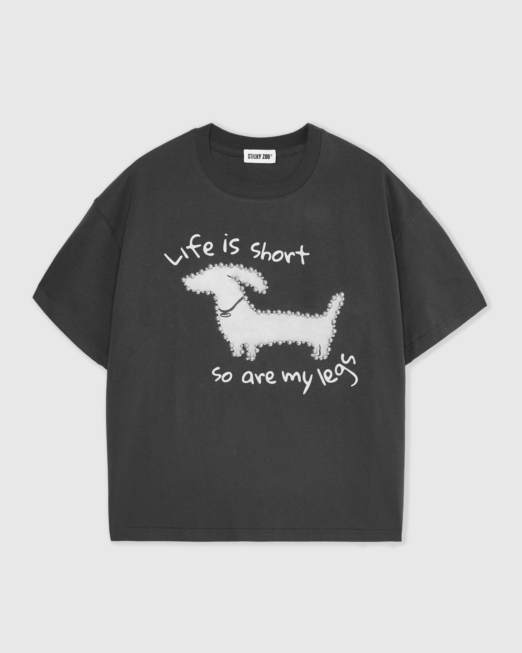 DACHSHUND PEARL EMBELLISHED T-SHIRT — DARK GREY