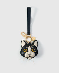 Tuxedo cat on an 18K gold-plated keychain clip with engraved STICKYZOO disc — clips to keys, bags or backpacks.