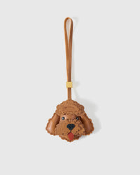 Handmade Poodle leather bag charm with engraved 18K gold-plated cube hardware — French Alran goatskin, 3-day artisan build.