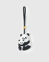PANDA CHARM charm handmade from French Alran genuine goatskin — A mama panda holding a baby panda. Black-and-white French. Three days by hand. Arrives in luxury gift packaging. Designed in Amsterdam.