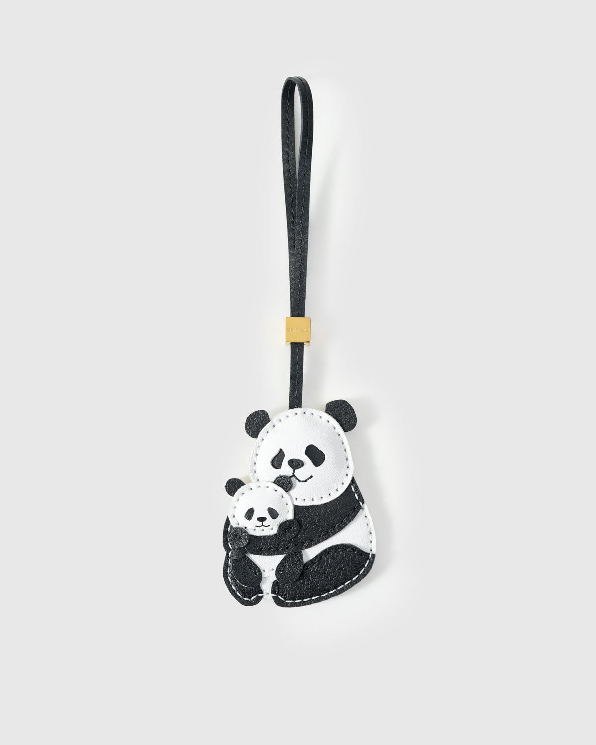 PANDA CHARM charm handmade from French Alran genuine goatskin — A mama panda holding a baby panda. Black-and-white French. Three days by hand. Arrives in luxury gift packaging. Designed in Amsterdam.