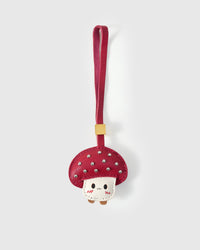 STICKYZOO Mushroom Charm — red French Alran goatskin cap with polished silver studs, cream face with embroidered blush marks. 3-day handmade piece.