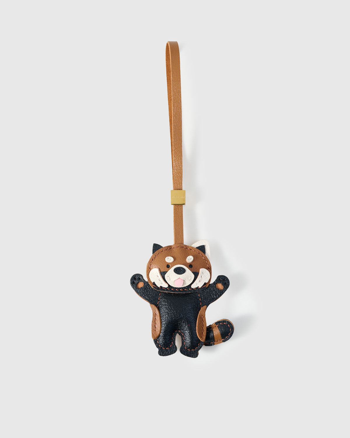 RED PANDA CHARM charm handmade from French Alran genuine goatskin — A red panda, arms up, mouth open, tail curling to the side.. Three days by hand. Arrives in luxury gift packaging. Designed in Amsterdam.