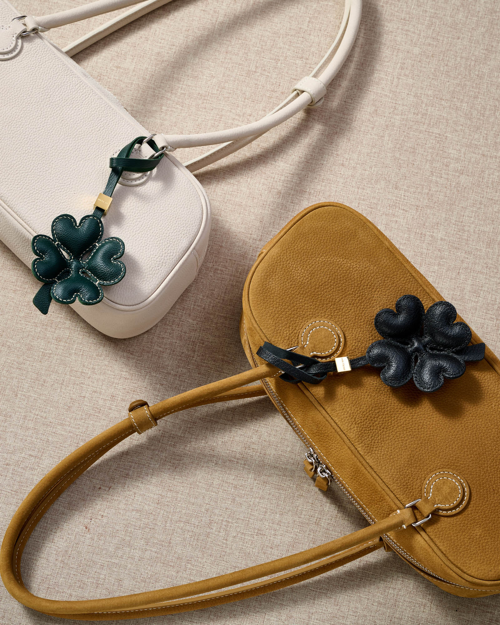 STICKYZOO Lucky Clover Charm in black padded 3D — handmade French Alran goatskin, hand-cut and hand-stitched over 3 days.
