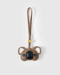 KOALA CHARM charm handmade from French Alran genuine goatskin — A koala face with a big dark nose and wide ears. Warm taupe. Three days by hand. Arrives in luxury gift packaging. Designed in Amsterdam.
