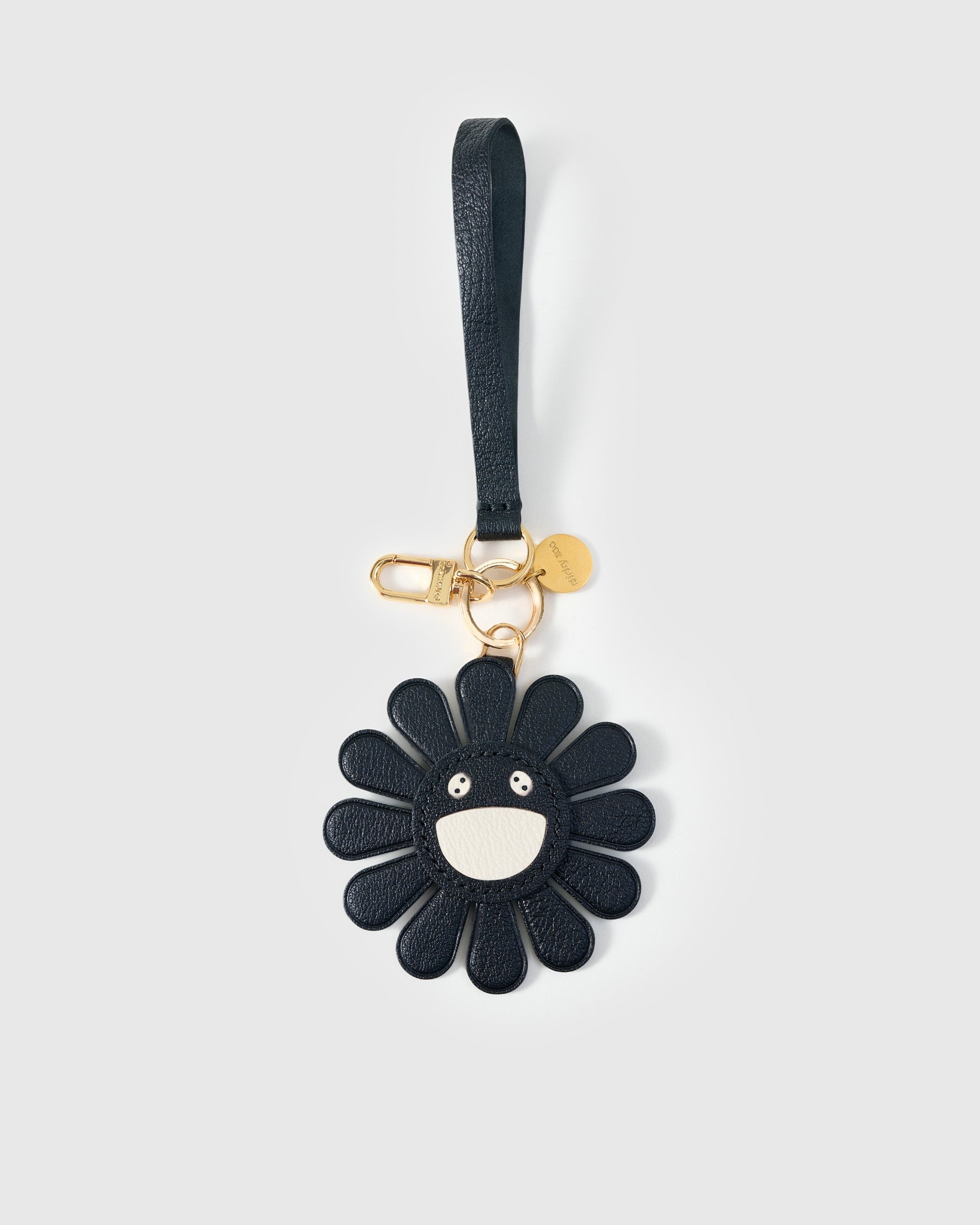 STICKYZOO Night Flower Charm in black with cream face French Alran goatskin. Hand-cut, hand-stitched. Designed in Amsterdam.
